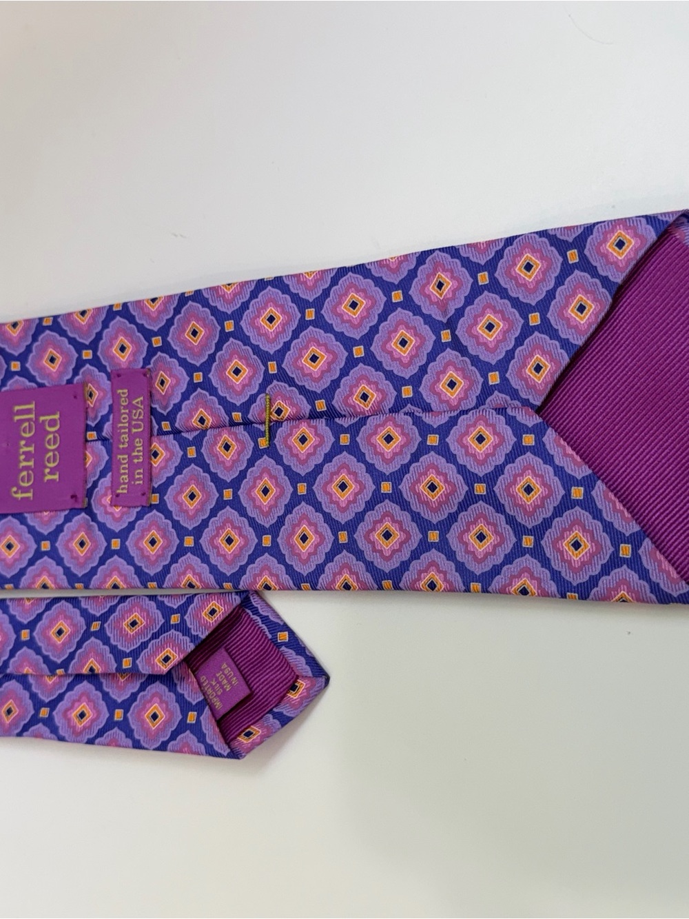 Ferrell Reed Silk Tie Purple Pink Geometric Designer Neck Tie Hand Tailored USA - Picture 5 of 8